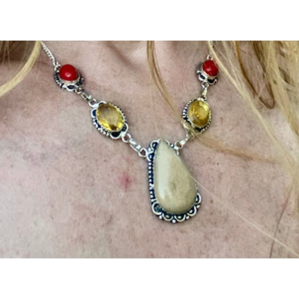 Earthy southwestern boho artisan made jasper coral citrine necklace